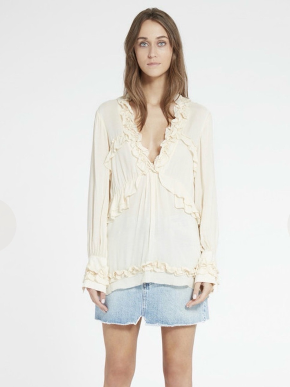IRO Ophey Elegant Cream Ruffle V-Neck Long-Sleeve Women's Blouse